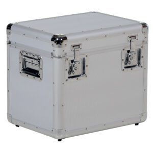 The Vestil Small Aluminum Case 14.15 X 19 X 16.15 is a sleek, industrial silver metal storage box with a hinged lid, secure latches, reinforced corners, and side handles for easy transport against a minimalist white backdrop.