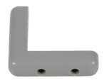 A gray, L-shaped plastic bracket with two circular holes on one side resembles the functional design of the Vestil Rubber Corner Guard 20 Pcs 7/8 Thick. Its smooth, glossy finish suggests it could effectively secure or connect objects.