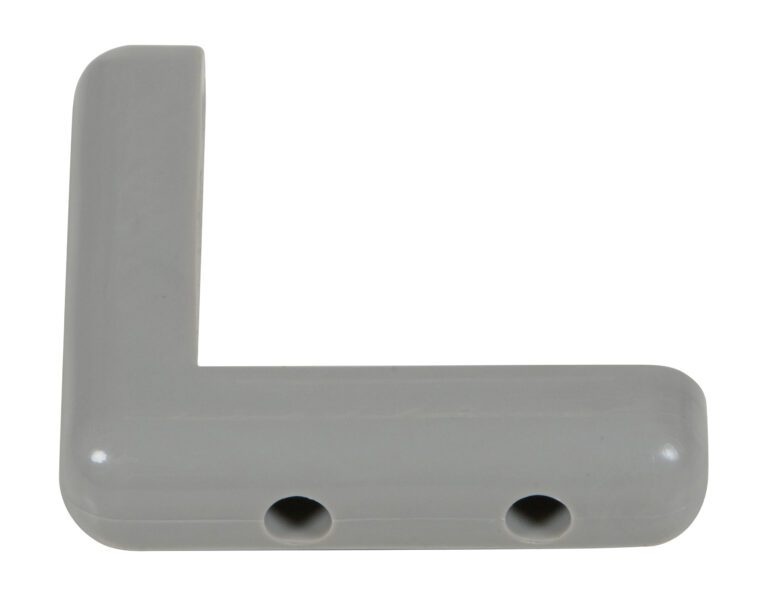CB-4_A.jpg A gray, L-shaped plastic bracket with two circular holes on one side resembles the functional design of the Vestil Rubber Corner Guard 20 Pcs 7/8 Thick. Its smooth, glossy finish suggests it could effectively secure or connect objects.