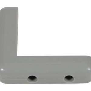 A gray, L-shaped plastic bracket with two circular holes on one side resembles the functional design of the Vestil Rubber Corner Guard 20 Pcs 7/8 Thick. Its smooth, glossy finish suggests it could effectively secure or connect objects.