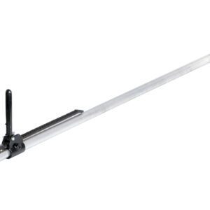 The Vestil Heavy Duty One Piece Aluminum Cargo Bar, in silver metal, features an adjustable handle and ratchet mechanism with rubber square end caps for secure load placement, ideal for preventing shifting in vehicles or storage areas.