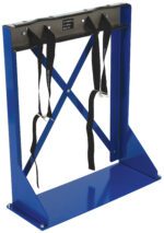 The Vestil Cylinder Bracket Stand 2 Cylinder is a blue metal floor rack for two gas cylinders, featuring black straps with metal buckles, an X rear support, and a flat base for stability.