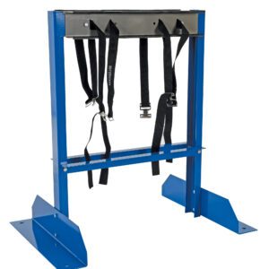 The Vestil Cylinder Bracket Stand 4 Cylinder Cap includes a blue metal frame with a gray top panel, featuring multiple black straps with buckles for secure suspension or support.