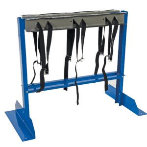 The blue metal frame features a padded green top and multiple hanging black straps with clips, offering strong support for physical therapy or rehab. It ensures stability as reliably as the Vestil Cylinder Bracket Stand 6 Cylinder Cap.