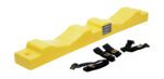 The yellow plastic kayak roof rack has three notches and four black straps with buckles and grommets, designed for stable, secure fastening similar to the durability of the Vestil Poly Wall-Mounted 2 Cylinder Bracket.