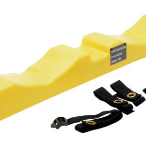 The yellow plastic kayak roof rack has three notches and four black straps with buckles and grommets, designed for stable, secure fastening similar to the durability of the Vestil Poly Wall-Mounted 2 Cylinder Bracket.