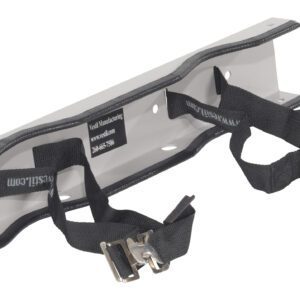 The Vestil Steel Wall-Mounted 2 Cylinder Bracket, in gray, includes two black straps with metal buckles for secure cylinder attachment and has multiple mounting holes for easy installation.