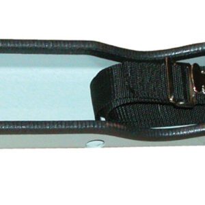 The Vestil Steel Wall-Mounted 3 Cylinder Bracket has a durable metal frame with three black straps and silver buckles to secure cylinders, along with evenly spaced holes for easy mounting.