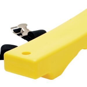 A yellow, curved plastic object resembling a Vestil Poly Wall-Mounted 1 Cylinder Bracket features two holes and a black strap with a silver metal buckle.