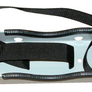 The Vestil Steel Wall-Mounted 1 Cylinder Bracket has a black strap with a metal clip attached to a white base featuring curved edges and two slots for adjustable looping, with the clip on the left side for secure fastening.