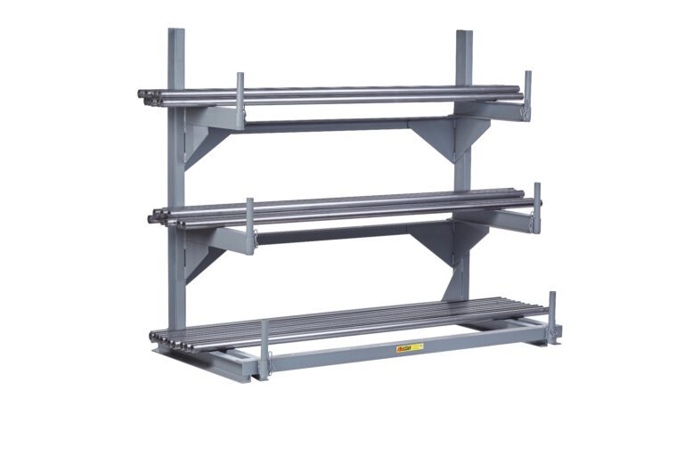 The gray Little Giant Welded Cantilever Rack features three horizontal beams and vertical supports, ideal for storing long items like pipes or beams. Its robust metal build is expertly crafted for efficient storage.