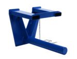 The Vestil Coil Lifter Fork Mounted 3000 Lb36 In features a blue frame with a long cylindrical arm and metal chain, designed to extend forklift reach. It can lift up to 3000 lbs over its 36-inch length, aiding in the efficient transport of heavy items.