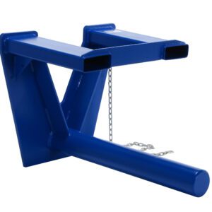 The Vestil Coil Lifter Fork Mounted 3000 Lb36 In features a blue frame with a long cylindrical arm and metal chain, designed to extend forklift reach. It can lift up to 3000 lbs over its 36-inch length, aiding in the efficient transport of heavy items.