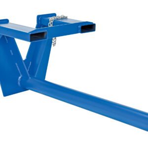 The Vestil Coil Lifter Fork Mounted 5500 Lb 60 In forklift attachment has a blue boom with a cylindrical arm from a V-shaped bracket and includes a metal chain at the top for secure lifting.