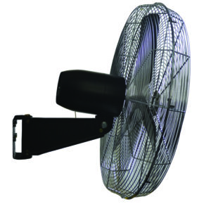 Side perspective of a black-finished Vestil Commercial Circulator Wall Fan 24 In Dia, featuring a protective metal grille, oscillating function, and metallic blades. Positioned left against a white background to highlight its sturdy base.