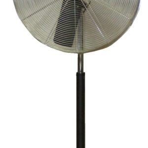 The Vestil Com Circulator Pedestal Fan 30 In Dia features a sleek black design with three blades inside a circular grill, adjustable stand, and sturdy round base.