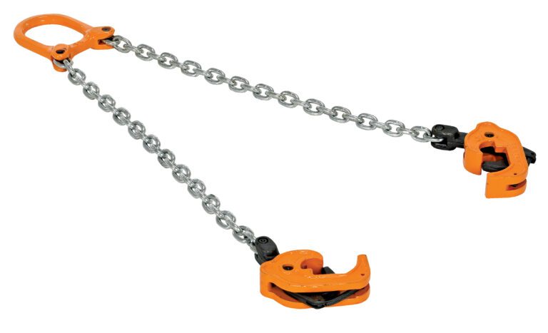 CDL-2000_A.jpg The Vestil Chain Drum Lifter 2K Capacity features two orange lifting clamps at the ends of a double-legged chain sling. These are linked by chains to an orange master link, providing secure gripping and lifting of objects.
