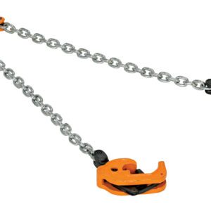 The Vestil Chain Drum Lifter 2K Capacity features two orange lifting clamps at the ends of a double-legged chain sling. These are linked by chains to an orange master link, providing secure gripping and lifting of objects.