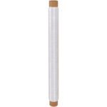 A roll of MH-USA 8 x 200 - 1 Mil Clear Poly Sheeting is tightly wound around a brown cardboard tube, standing vertically against a plain white background.