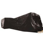 A large, irregularly shaped object is wrapped in MH-USA 8 x 100 - 4 Mil Black Poly Sheeting (1/Case), with the glossy tarp draping smoothly over it as it sits securely on a wooden pallet against a plain white background.