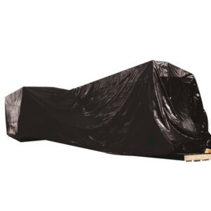 The MH-USA 16 x 100 - 4 Mil Black Poly Sheeting (1/Case) covers an elongated object on wooden pallets, creating a shiny, reflective surface as it drapes down.