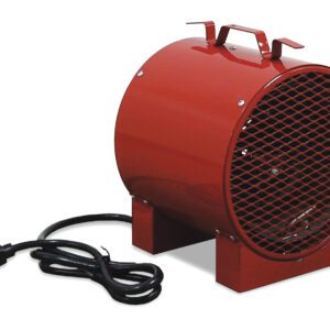 The red Vestil Light Weight Portable Electric Heater, with a metal grille front, has top handles and a rear black power cord. It stands on small supports for stable placement, providing efficient warmth conveniently.