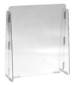 The 23x28 1/8 Vestil Cashier Guard is made from a solid polycarbonate panel with a clear acrylic sneeze guard, featuring three panels—flat top and angled sides—and stands securely on desks or counters with two support legs per side for sturdy protection.