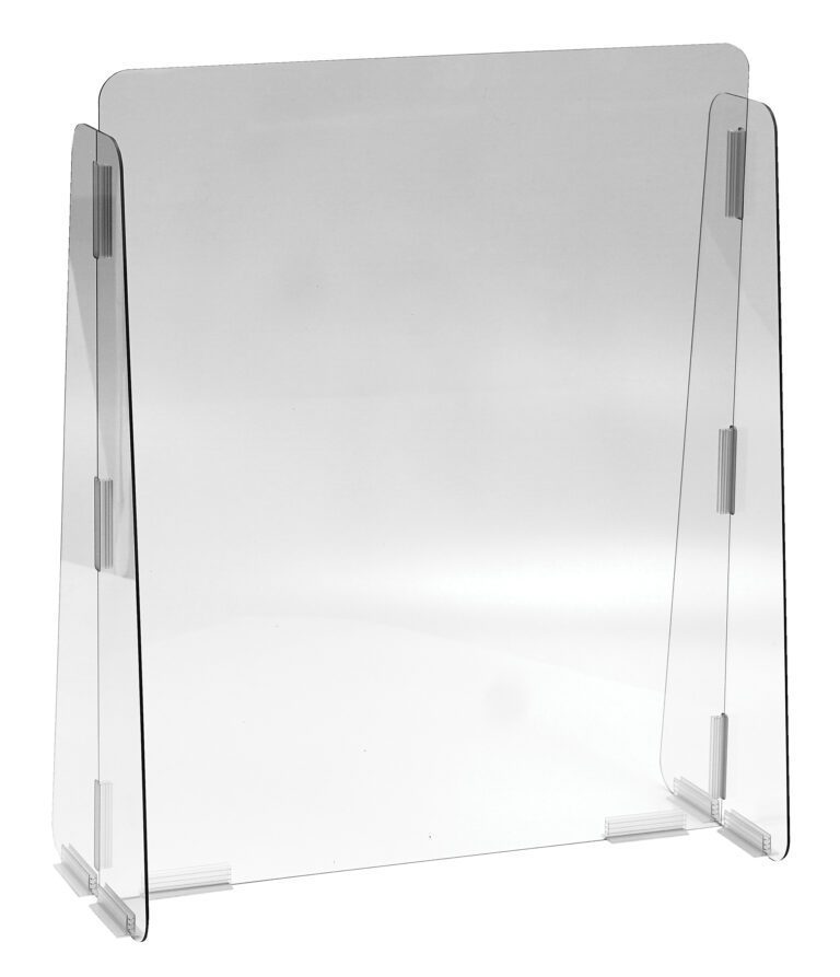 The Vestil Cashier Guard 23X28 features a clear solid polycarbonate panel with three angled panels, offering a protective barrier for counters and desks.