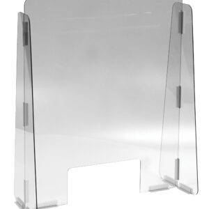 The Vestil Cashier Guard 23X28 is a clear, freestanding polycarbonate sneeze guard with a rectangular shape and an 11x5 slot at the bottom, featuring side panels for stability and excellent protection against airborne particles in close-contact settings.