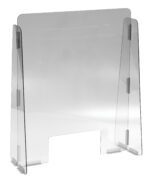 The Vestil Cashier Guard is a clear polycarbonate sneeze guard, measuring 23X28 with a 1/8 thickness and includes an 11X5 slot at the bottom center. It features side panels for stability, making it an effective protective barrier on desks or counters.