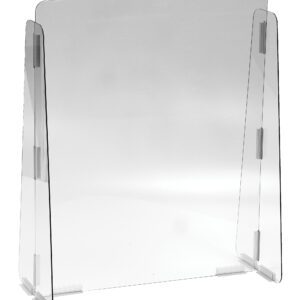 The Vestil Cashier Guard features a 23X28 1/4 polycarbonate solid panel, with a central rectangular panel and hinged side panels for stability. Ideal sneeze guard for desks or counters, it offers an effective protective barrier.