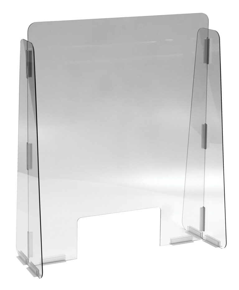 The Vestil Cashier Guard 23X28 is a durable sneeze guard made from 1/4 polycarbonate featuring a transparent design and an 11x5 slot at the bottom, supported by sturdy side panels.