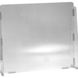 The Vestil Cashier Guard is a clear acrylic sneeze guard with a rectangular design featuring three hinged panels. The central panel is the largest and has rounded corners. It measures 31x28 1/4 and is crafted from solid, durable polycarbonate.