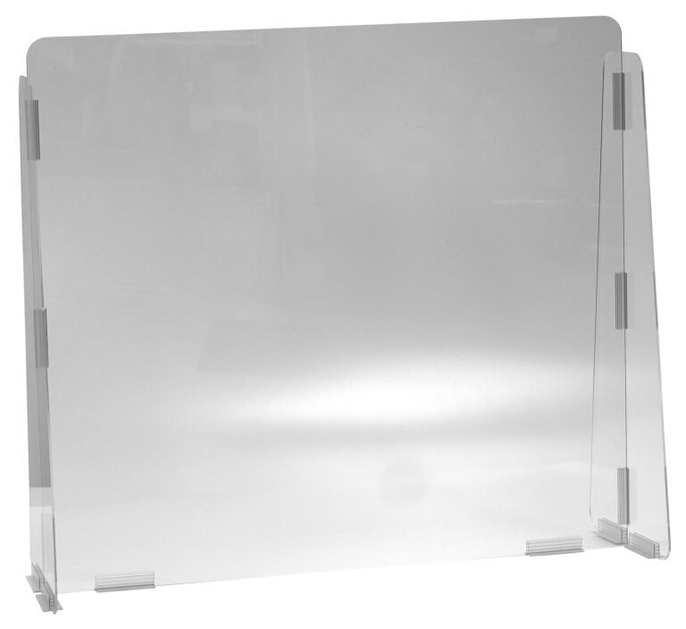 The Vestil Cashier Guard 31X28 1/4 Polycarbonate Solid Panel includes two side panels, providing a protective and clear barrier ideal for retail stores and offices.
