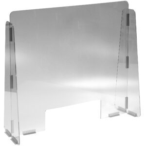The Vestil Cashier Guard features a 31x28.25 polycarbonate panel with a 15x5 slot, offers side panels for protection against airborne particles, and stands elegantly with its rectangular shape on a plain white background, combining transparency with essential functionality.