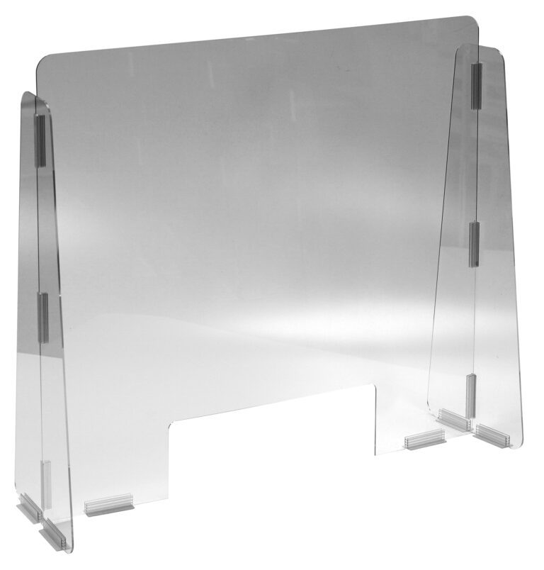 CG1-PB-CC-06_A.jpg The Vestil Cashier Guard features a 31x28.25 polycarbonate panel with a 15x5 slot, offers side panels for protection against airborne particles, and stands elegantly with its rectangular shape on a plain white background, combining transparency with essential functionality.