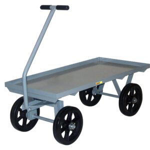 The Little Giant Heavy-Duty Wagon Truck is a gray metal platform cart with four black wheels and a vertical push handle, ideal for efficiently transporting items on its flat surface.