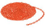 A coiled length of Vestil 3/16 Chain, Per Foot, Orange lies on a white background. The chain consists of interlocking oval links, forming a neat spiral with one end extending outward.