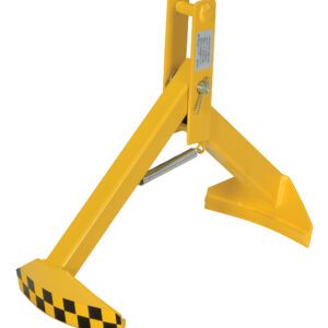 A yellow wheel clamp with a checkered black and yellow pattern mirrors the robust design of the Vestil Crane/Hoist Drum Lifter 20-25 In Dia, featuring a sturdy metal frame and spring mechanism to secure a vehicles wheel for security or parking enforcement.