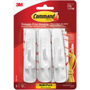The Command™ Hooks and Strips Value Pack - Medium 17001 (6 Sets) comes in red and yellow packaging, supporting up to 3 lb (1.3 kg) per hook, perfect for damage-free hanging solutions with an image showing cords neatly wrapped in a hook.