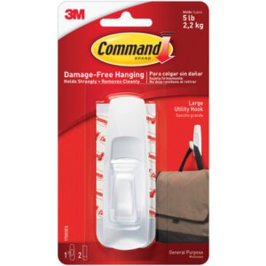 The striking red and white package of Command™ Hooks and Strips - Large 17003 (6 Sets) can hold up to 5 lb (2.2 kg). It comes with one hook, two strips, and features a diagram of the hook holding a bag on a wall.