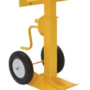 The yellow Vestil Stabilizing Jack Solid Foam Wheels 50K has a rectangular top platform, durable foam wheels, and a hand crank for easy adjustment, designed to support and stabilize trailers or similar equipment with up to a 50K capacity.