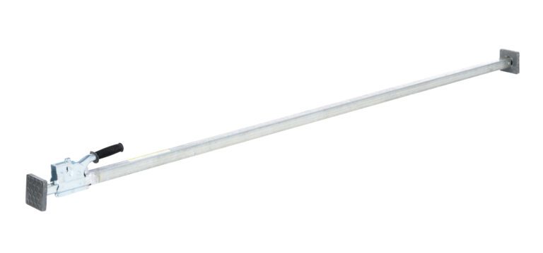 The Vestil Cargo Bar One Piece Galvanized Steel features a long metal design with a black handle, square rubber pad on one end, and a ratcheting mechanism on the other, making it ideal for securing loads during transportation.