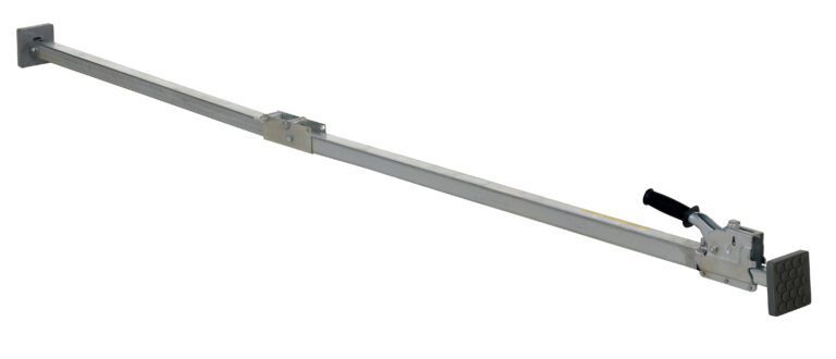 The Vestil Folding Cargo Bar 2 Piece Galvanized Stl features rubber-padded ends for stabilizing loads, a convenient lever, and a grip handle for easy securing and tightening of your cargo.