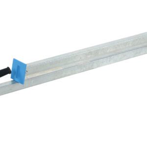 The Vestil Steel Cargo Bar For E- & A-Track Pads has an adjustable sliding rail and black handle, equipped with blue E- & A-Track pads at both ends, ideal for securing objects easily.
