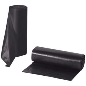 Two rolls of MH-USA High Density Trash Liners - Black, 60 Gallon, .67 Mil. (200/Case) are displayed: one upright with bags partially unrolled and the other flat with a bag spread out, showcasing the thin, shiny plastic.