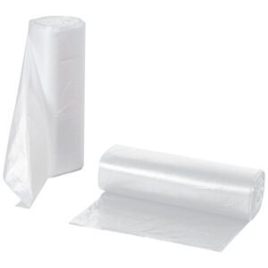 Two rolls of MH-USA High Density Trash Liners are showcased. One stands upright with bags hanging down; the other lies horizontally, partially unrolled. These natural 7-10 gallon liners (.31 mil, 1000/Case) are set against a pristine white backdrop.
