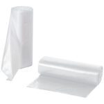 Two upright and horizontal rolls of MH-USA High Density Trash Liners - Natural, 33 Gallon, .47 Mil (500/Case) are shown. One roll is partially unfurled on a white background.