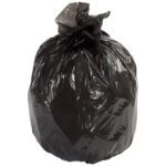 Part of the Second Chance Trash Liners - Black collection, this 33-gallon, 2.0 mil black trash bag stands upright against a white background, offering durability and reliability for waste disposal in a flat pack of 100 bags per case.