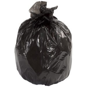 A large, black plastic garbage bag, like the sturdy Second Chance Trash Liners - Black, 56 Gallon, 2.0 Mil., Flat Pack (100/Case), is tied at the top and puffed out. It stands upright against a plain white background.